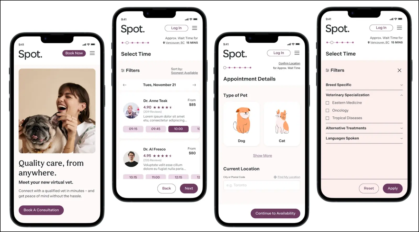 Mobile screens from Spot, an app Kristi designed to help pet owners better manager and track personalized veterinary care for their pets.